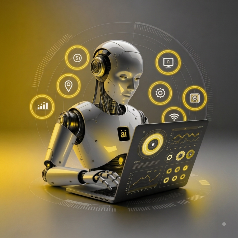 AI robot working on laptop for AI in local marketing strategy blog post