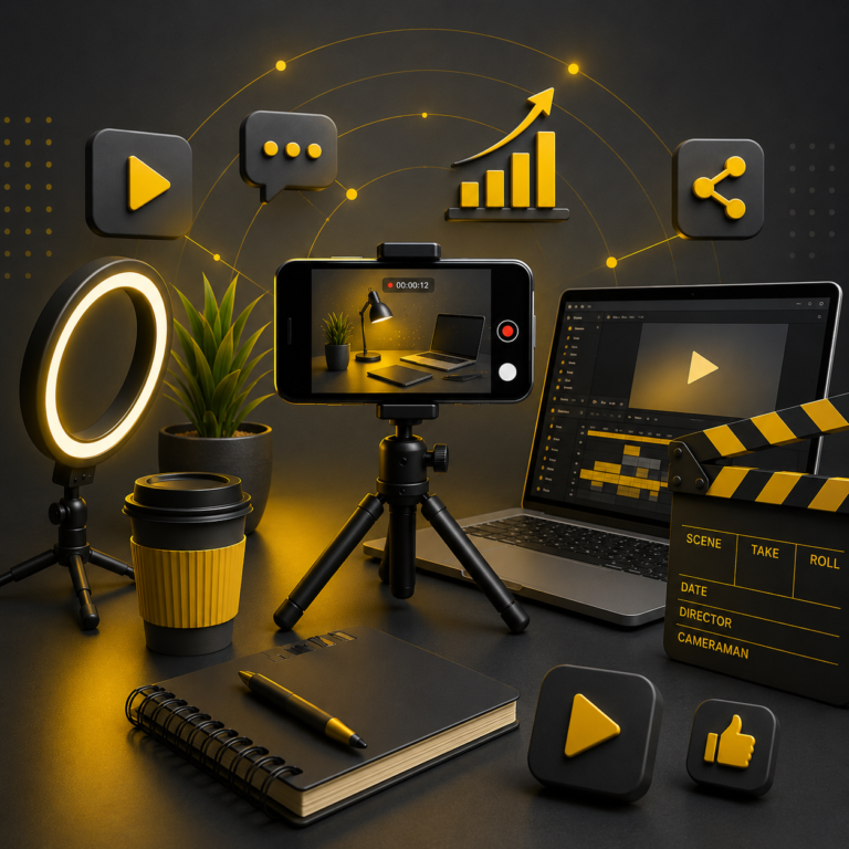 Video content marketing setup with smartphone, ring light, and laptop for business growth blog
