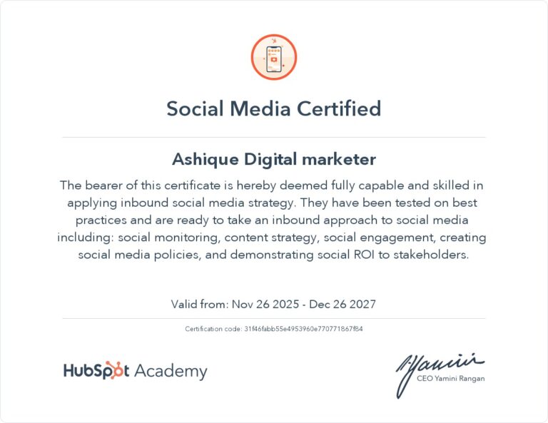 Social Media Marketing Certificate awarded to Amil Ashique