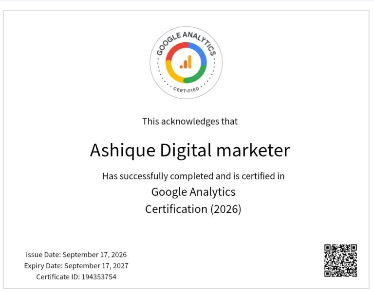 Google Analytics Certificate awarded to Amil Ashique