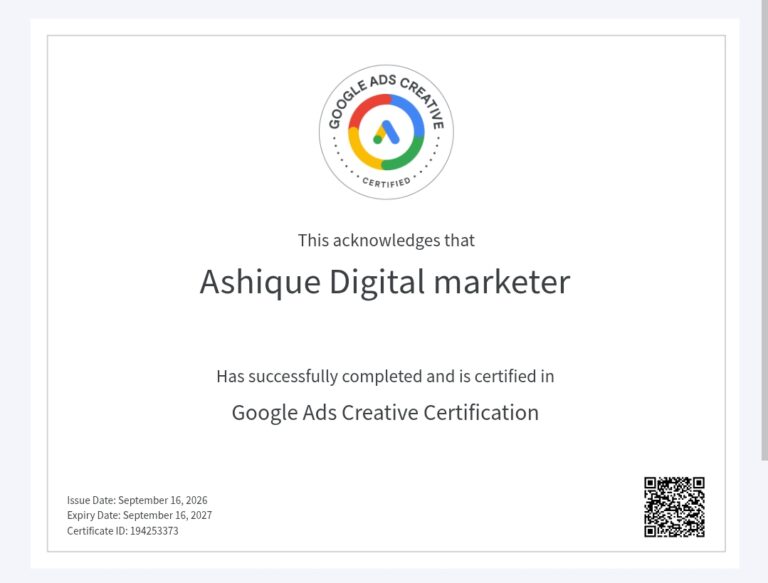 Google Ads Certificate awarded to Amil Ashique